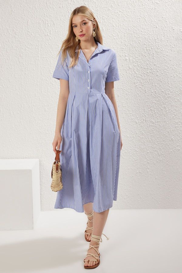 Trendyol Trendyol Blue Striped Skirt Opening at Waist with Half Placket Midi Woven Dress