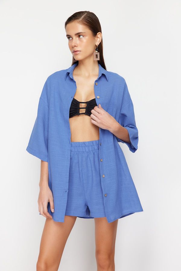 Trendyol Trendyol Blue Woven Linen blend Shirt Shorts Set