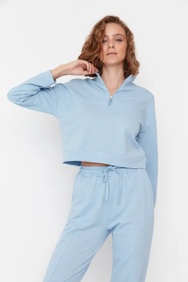 Trendyol Trendyol Blue Zipper Detail Stand-Up Collar Knitted Sweatshirt