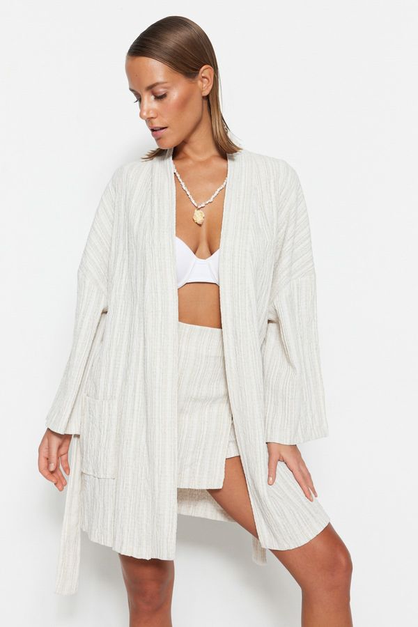 Trendyol Trendyol Bridal Ecru Belted Mini Woven Linen Blended Kimono & Kaftan