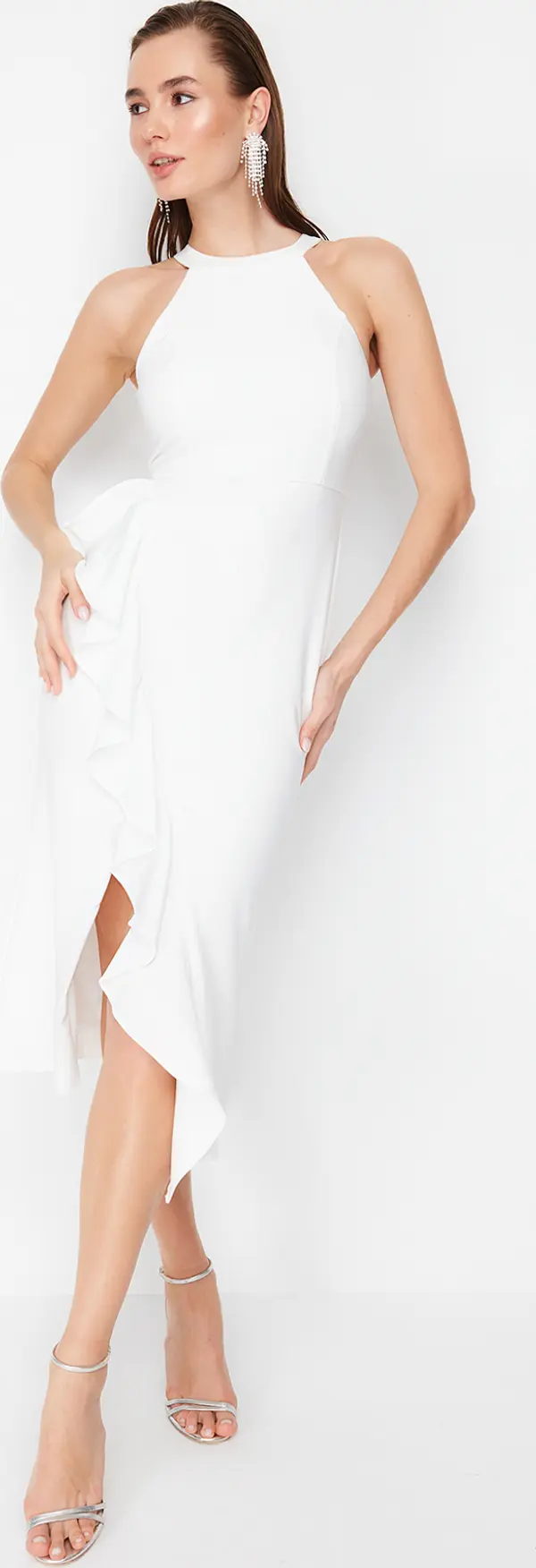 Trendyol Trendyol Bridal White Flounce Detailed Woven Wedding/Marriage Elegant Evening Dress