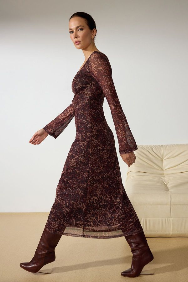 Trendyol Trendyol Brown Animal Patterned Square Neck Bodycone/Fitting Knitted Dress