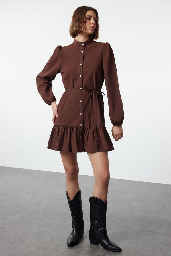 Trendyol Trendyol Brown Belted Long Sleeve Mini Woven Shirt Dress