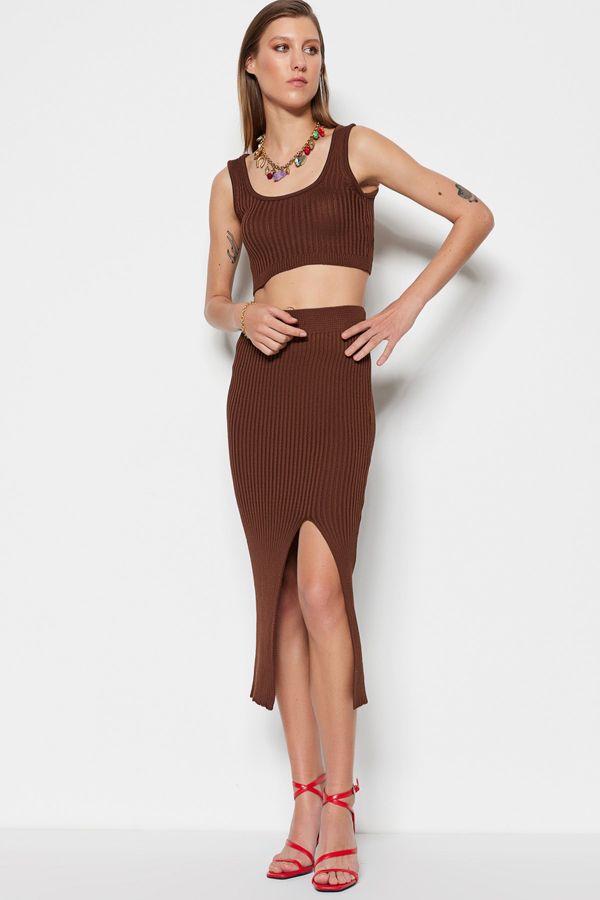 Trendyol Trendyol Brown Crop Knitwear Slit Detailed Two Piece Set