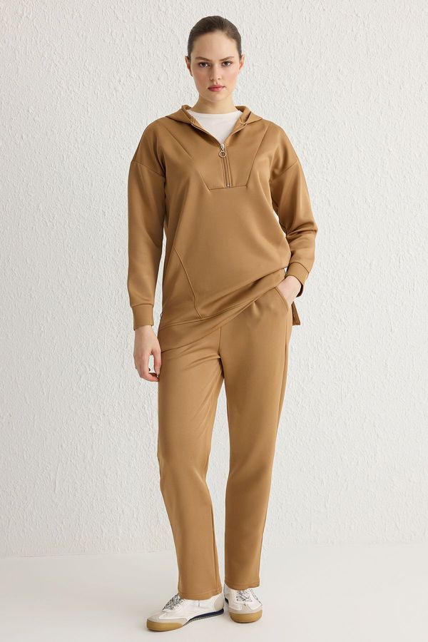 Trendyol Trendyol Brown Front Zippered Soft Texture Scuba Oversize Knitted Tracksuit