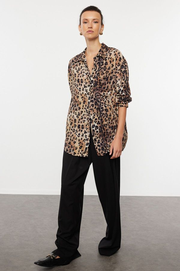Trendyol Trendyol Brown Leopard Animal Patterned Oversize Woven Wide Fit Shirt