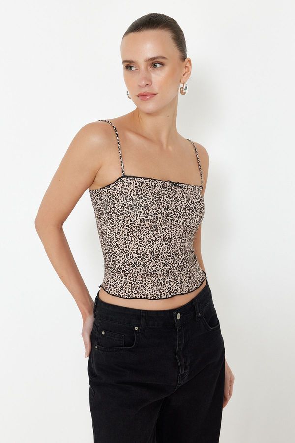 Trendyol Trendyol Brown Leopard Printed Strappy Crop Super Stretch Knitted Blouse