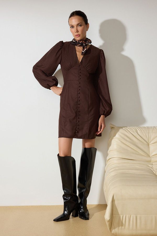 Trendyol Trendyol Brown Plain Mini Mini Balloon Sleeve V Neck Suede Woven Dress