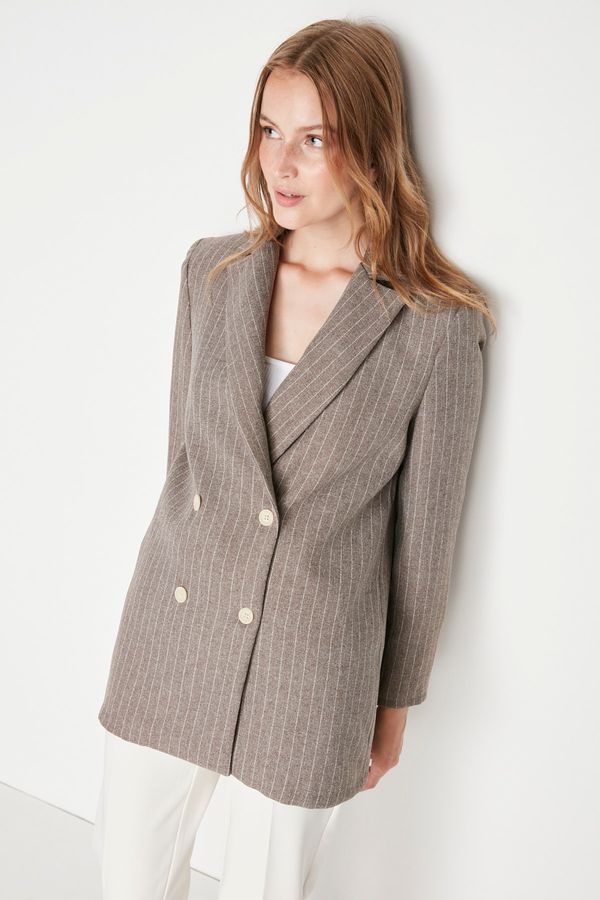 Trendyol Trendyol Brown Regular Lined Double Breasted Closure Striped Woven Blazer Jacket
