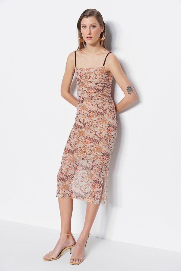 Trendyol Trendyol Brown Strap Fitted Square Neck Tulle Midi Stretchy Knitted Dress