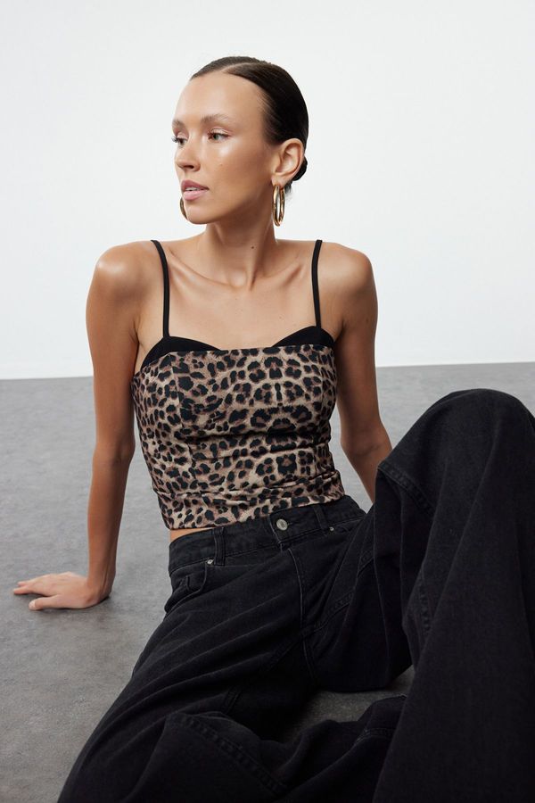 Trendyol Trendyol Brown Strappy Bralette Detailed Leopard Patterned Crop Woven Blouse