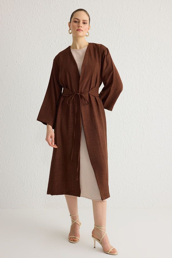 Trendyol Trendyol Brown Waist Tie Detailed Linen Look Woven Kimono & Kaftan