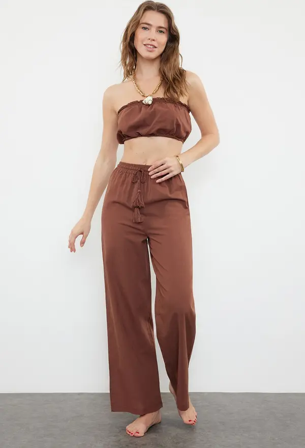 Trendyol Trendyol Brown Weaving 100% Cotton Blouse Trousers Beach Set