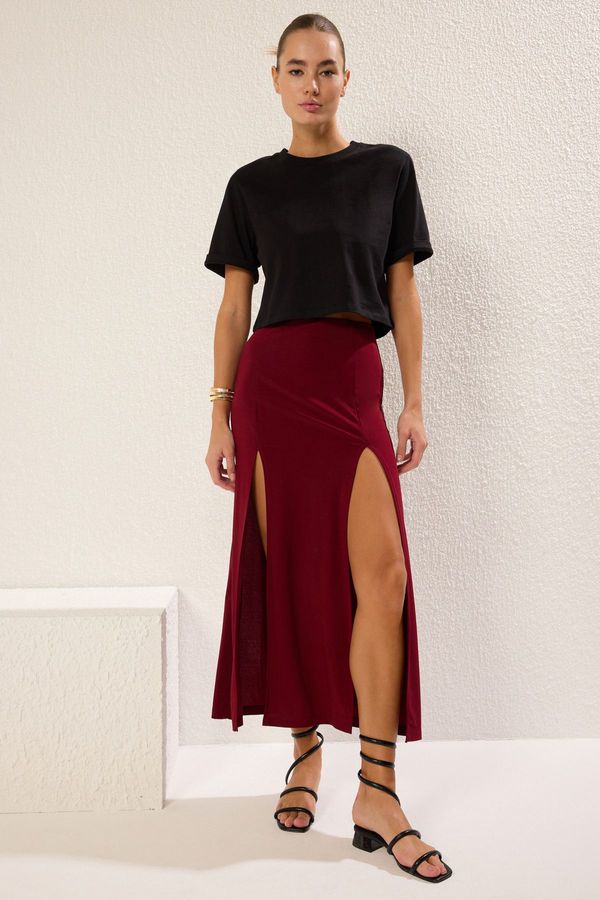 Trendyol Trendyol Burgundy A-line/Belt Opening Slit Elastic Maxi Knitted Skirt
