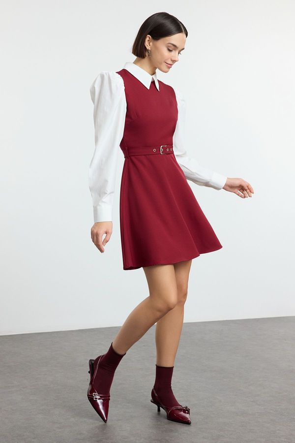 Trendyol Trendyol Burgundy Belted Waist Opening Shirt Detail Mini Woven Dress