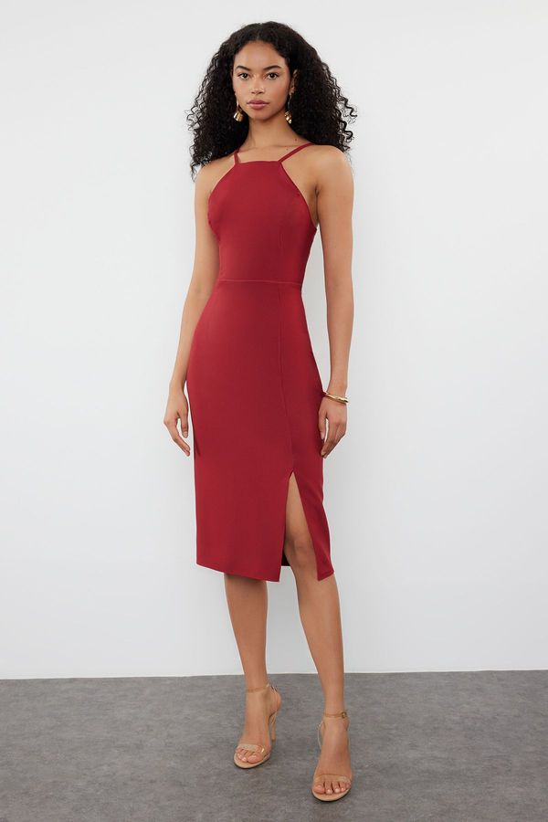 Trendyol Trendyol Burgundy Bodycon Slit Halter Neck Midi Pencil Skirt Woven Dress
