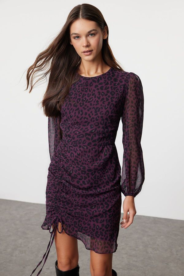 Trendyol Trendyol Burgundy Leopard Printed Gathered Detailed Mini Woven Dress