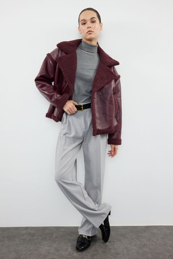 Trendyol Trendyol Burgundy Plush Detailed Faux Leather Biker Jacket Coat