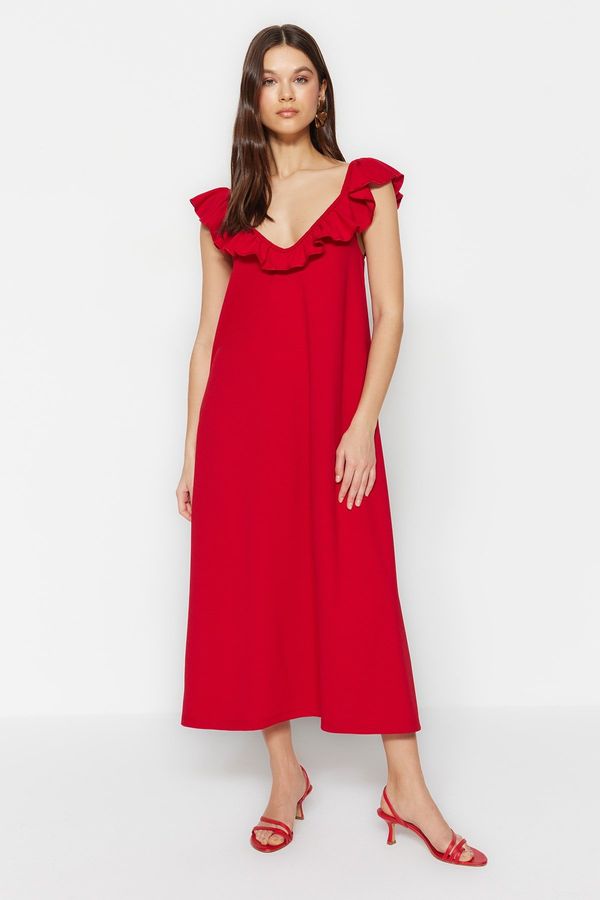 Trendyol Trendyol Burgundy Ruffle Collar Detailed Pool Neck Midi Knitted Dress