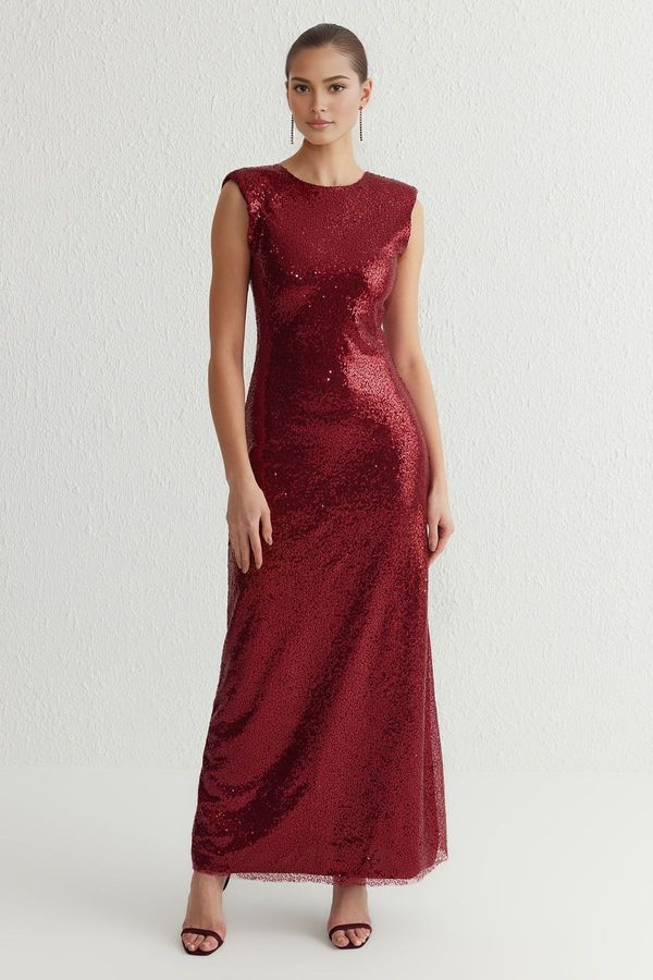 Trendyol Trendyol Burgundy Sequin Knitted Stylish Evening Dress