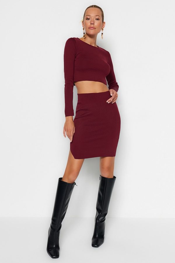 Trendyol Trendyol Burgundy Super Crop Skirt Knitwear Two Piece Set