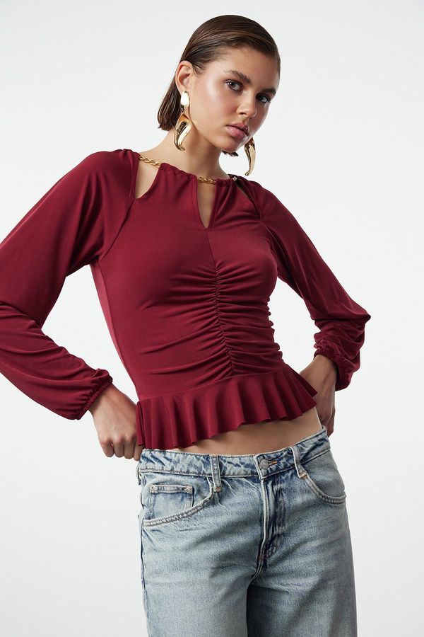 Trendyol Trendyol Burgundy Window/Cut Out Detailed Knitted Blouse with Accessories