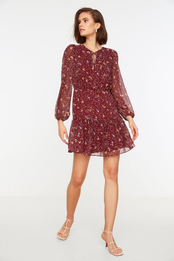 Trendyol Trendyol Burgundy Woven Lined Chiffon Floral Pattern Foulard Collar Mini Woven Dress