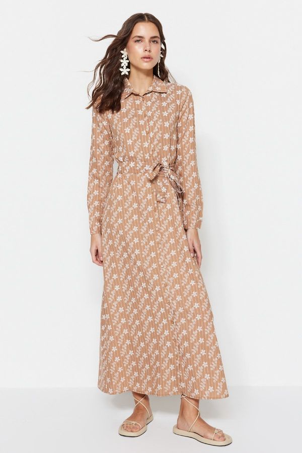Trendyol Trendyol Camel Belted Floral Pattern Woven Shirt Dress
