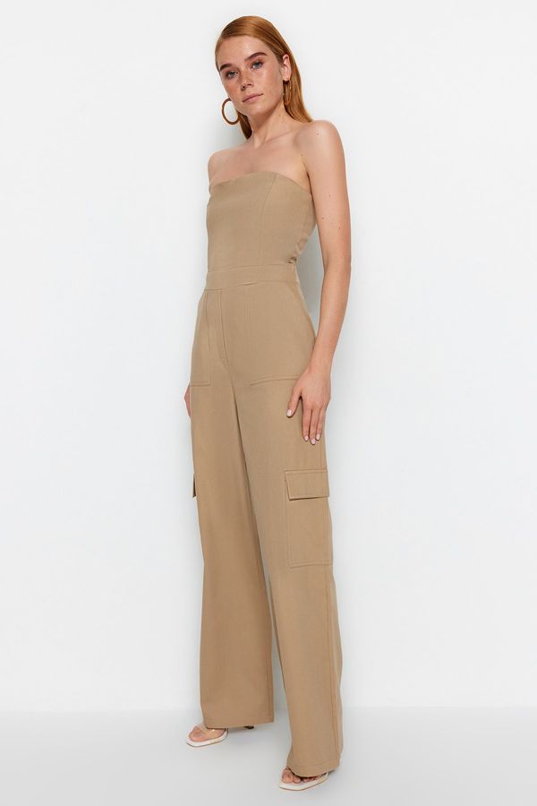 Trendyol Trendyol Camel Cargo Pocket Strapless Collar Woven Jumpsuit