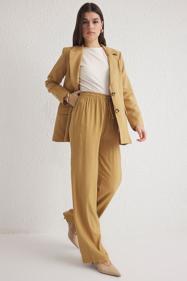 Trendyol Trendyol Camel Jacquard Elastic Waist Wide Leg Trousers