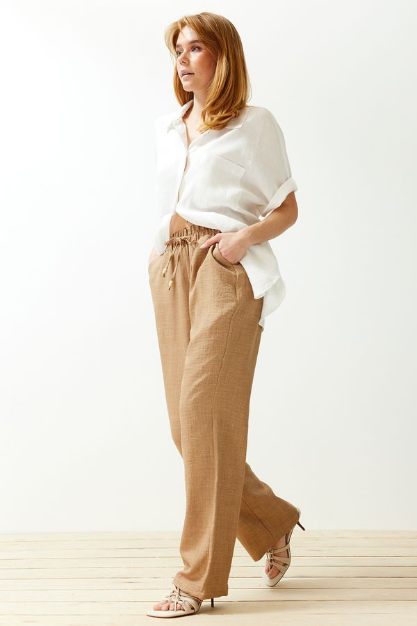 Trendyol Trendyol Camel Straight/Straight Cut Elastic Waist Lace-up Linen Look Trousers