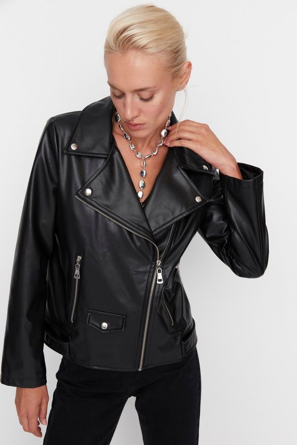 Trendyol Trendyol черен извънгабаритни джоб подробни изкуствена кожа Biker яке палто