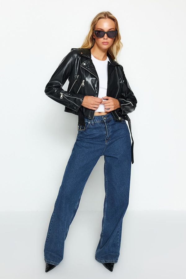 Trendyol Trendyol черен колан имитация кожа Biker яке палто