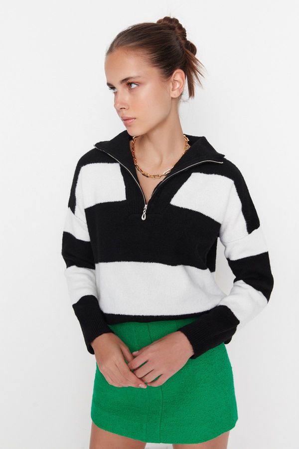 Trendyol Trendyol черен мек текстурирани стендъп яка цип трикотаж пуловер