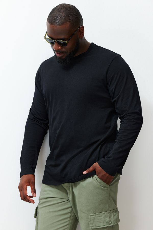 Trendyol Trendyol черен мъжки плюс размер удобен 100% памук дълъг ръкав редовни / редовни годни тениска.
