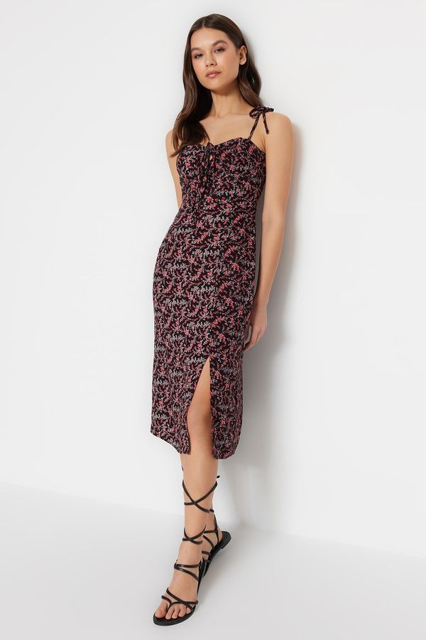 Trendyol Trendyol черен прав нарязани Midi тъкани Strappy сърцето врата шарени тъкани рокля