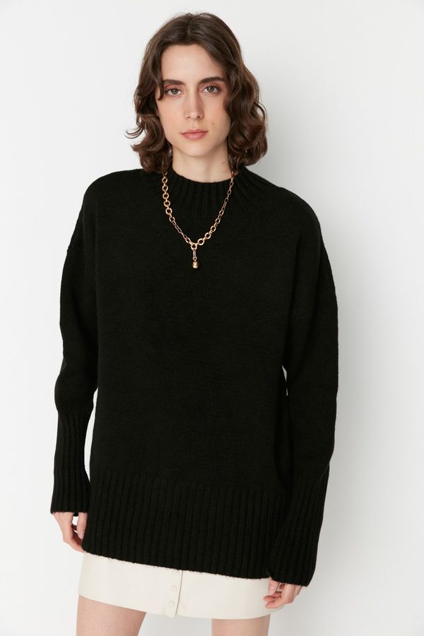 Trendyol Trendyol черен широк годни мека текстурирани основни трикотаж пуловер