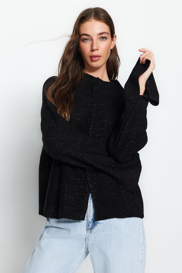 Trendyol Trendyol черен супер широк годни блестящ трикотаж пуловер
