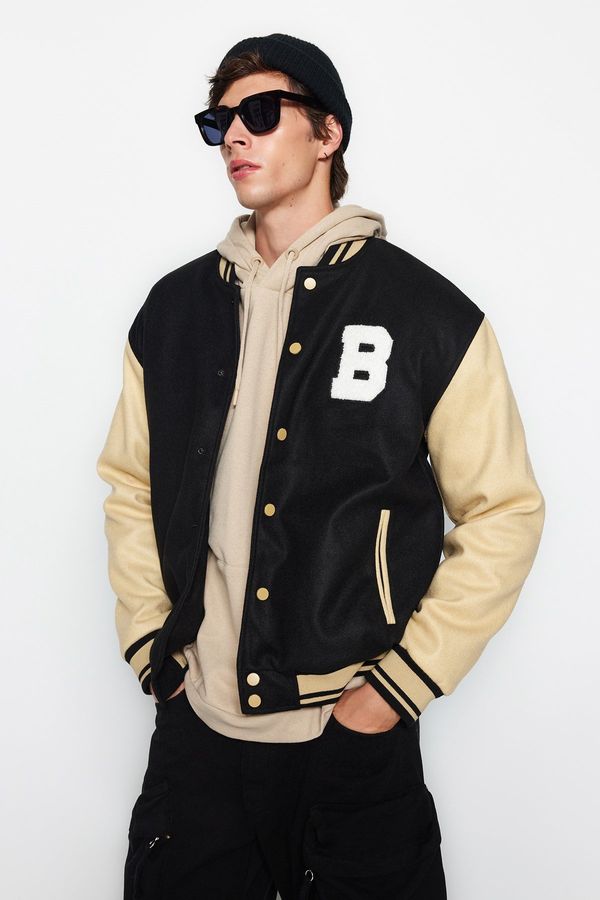 Trendyol Trendyol черен унисекс редовни годни бомбардировач яка колеж палто