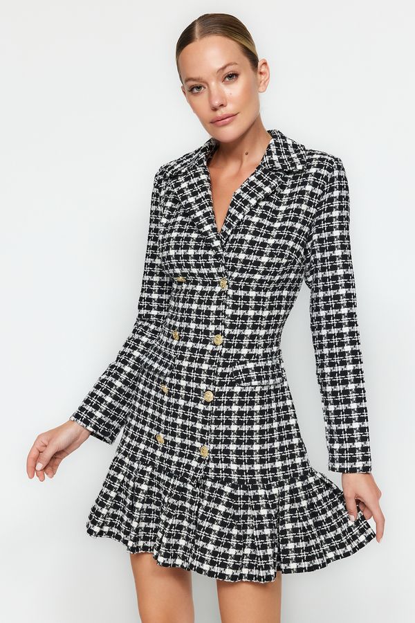 Trendyol Trendyol черен волан бутон подробни туид тъкани рокля