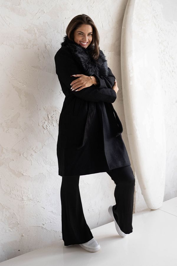 Trendyol Trendyol черна кожа яка подробни колан палто