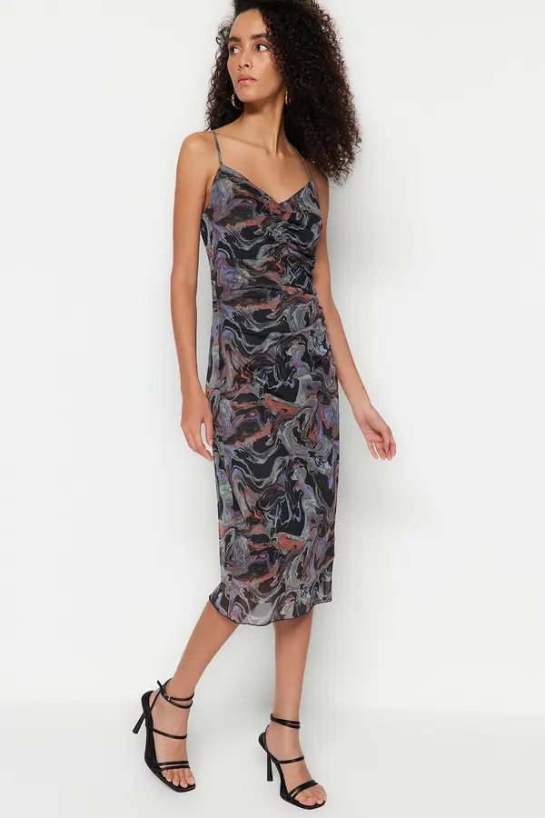 Trendyol Trendyol черна шарени плисирана тюл плетена рокля