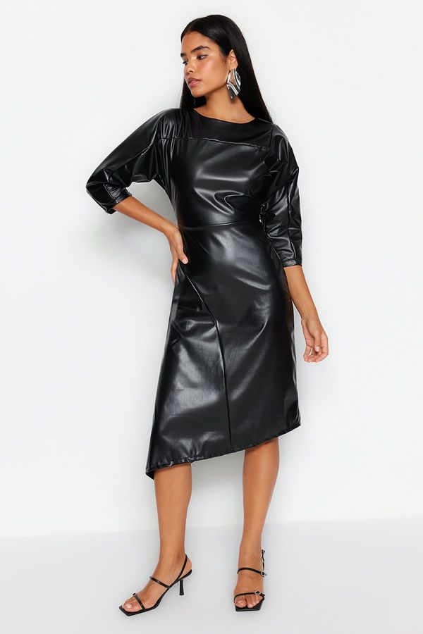Trendyol Trendyol черна талия отваряне асиметрична пола изкуствена кожа тъкани рокля