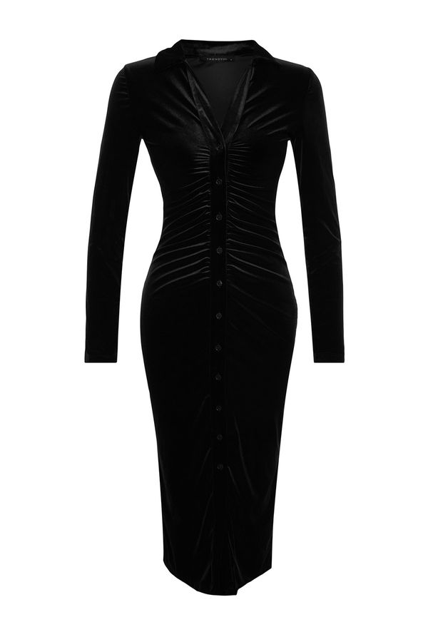 Trendyol Trendyol черно кадифе монтирани/прости поло врата Midi трикотажни рокля