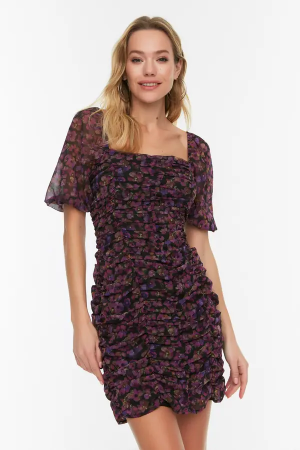 Trendyol Trendyol черно тъкани облицовани шифон драпирани подробно цветен модел мини тъкани рокля