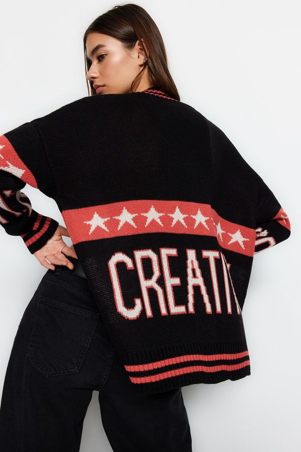 Trendyol Trendyol Черно Wide Fit лозунг подробни трикотаж жилетка