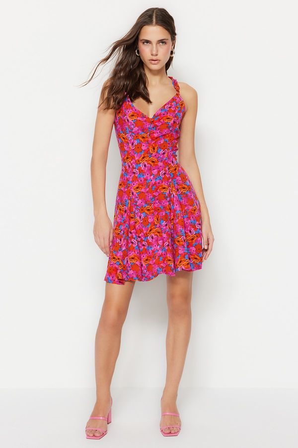 Trendyol Trendyol червена талия отваряне мини тъкани цветен модел тъкани рокля