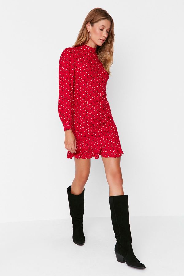 Trendyol Trendyol червено високо деколте Flounce мини тъкани тъкани рокля