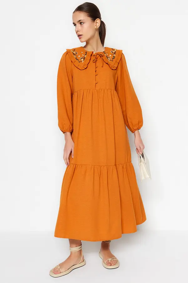 Trendyol Trendyol Cinnamon Embroidery Detailed Linen Look Woven Dress