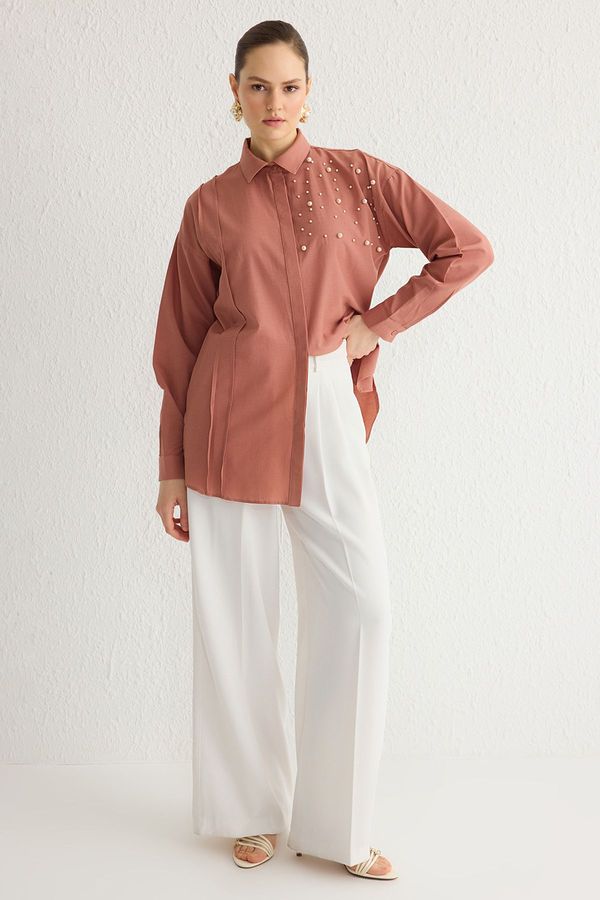 Trendyol Trendyol Cinnamon Pearl Detailed Cotton Woven Shirt